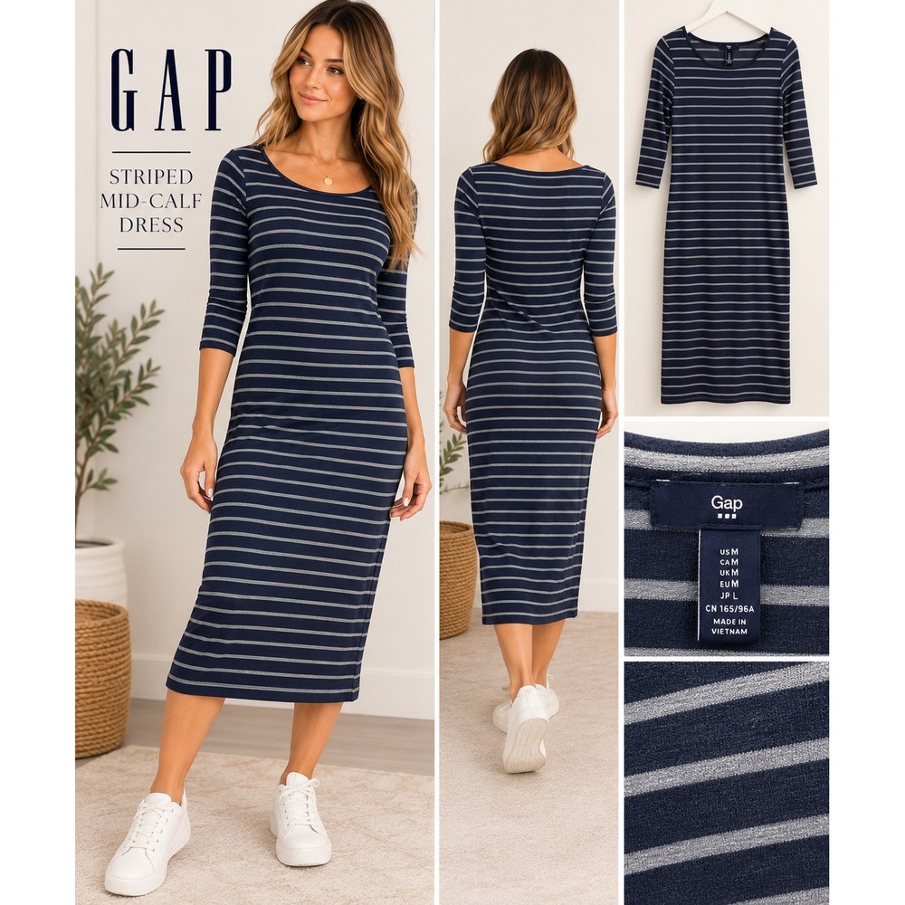 Gap Womens Navy Grey Striped Midi Dress 3/4 Sleeve Scoop Neck Size M